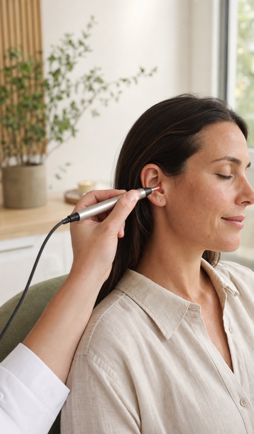 Séance de stimulation laser auriculaire dans un cadre calme et rassurant