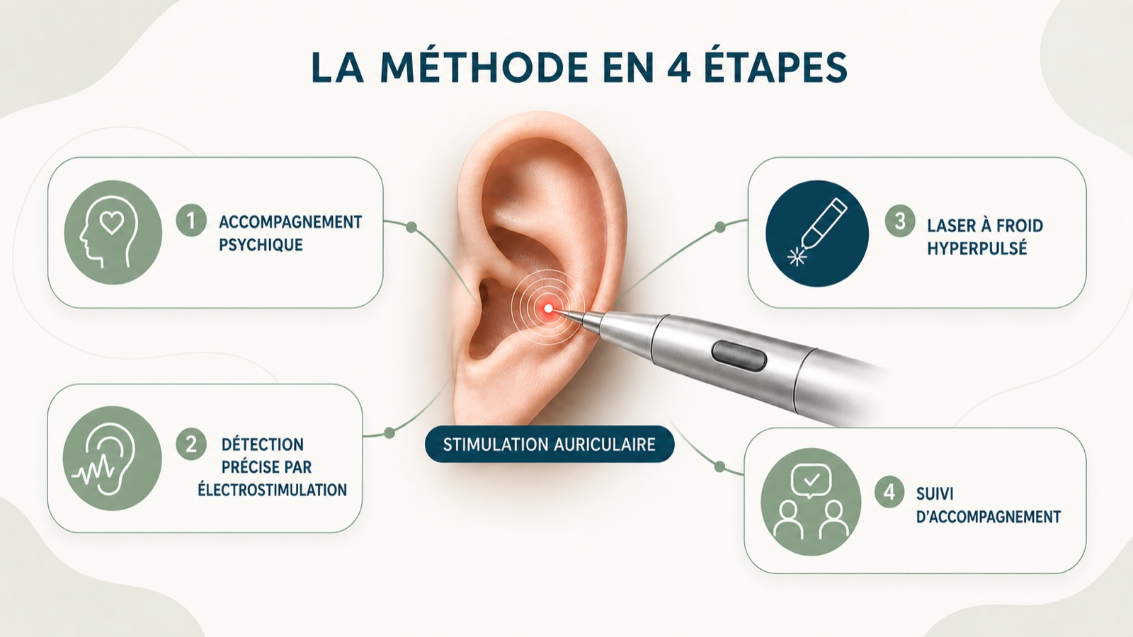 Les quatre étapes de la méthode Liberia Laser : accompagnement psychique, détection précise par électrostimulation, laser à froid hyperpulsé et suivi d’accompagnement